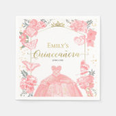 Quinceanera Servetten Roze Jurk Bloemen Gouden Fol (Voorkant)
