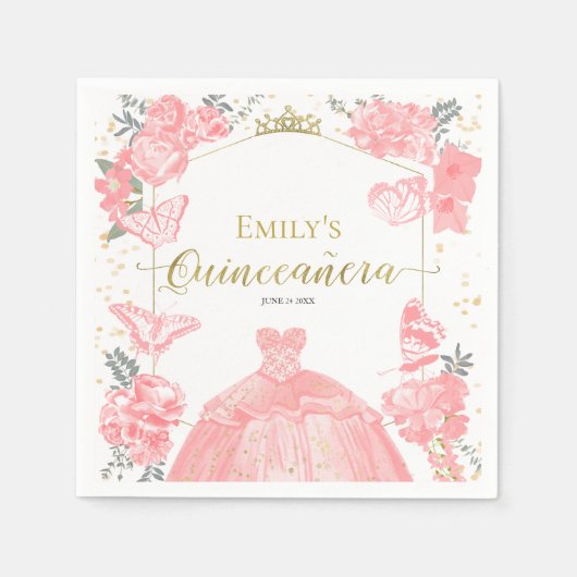 Quinceanera Servetten Roze Jurk Bloemen Gouden Fol (Voorkant)