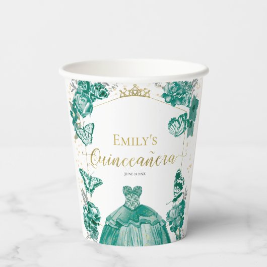 Quinceanera Servetten Smaragd Groene Jurk Bloemen Papieren Bekers (Achterkant)