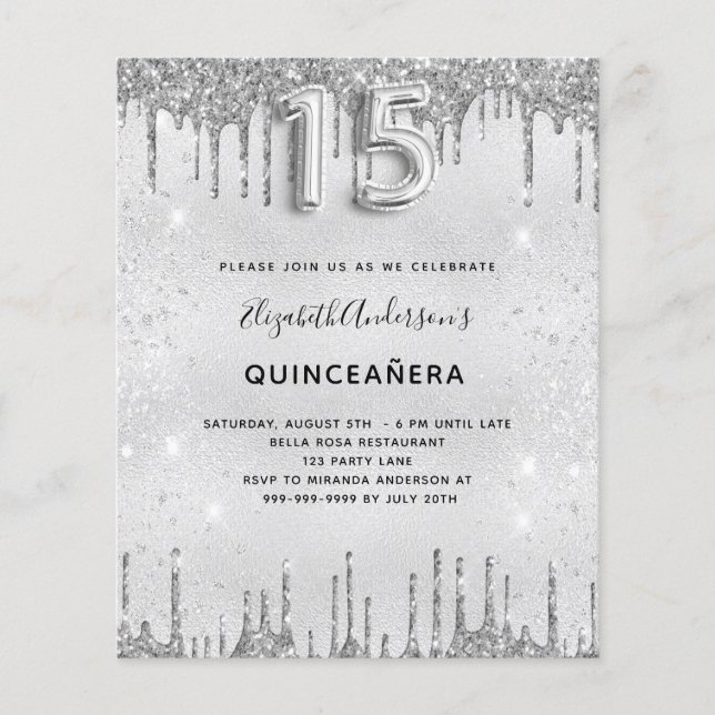 Quinceanera Silglitter-begrotingsuitnodiging (Voorkant)