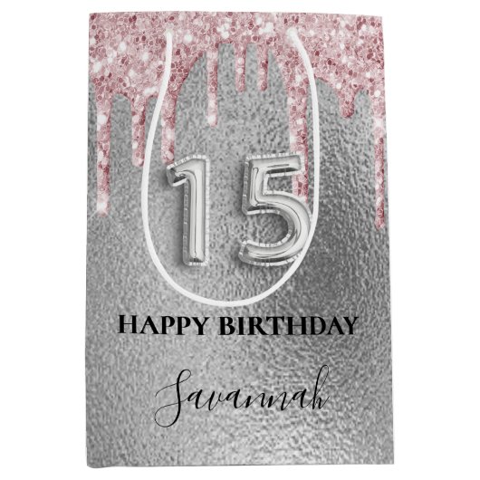 Quinceanera Silglitter druppelt roze monogram Medium Cadeauzakje (Voorkant)