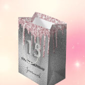 Quinceanera Silglitter druppelt roze monogram Medium Cadeauzakje