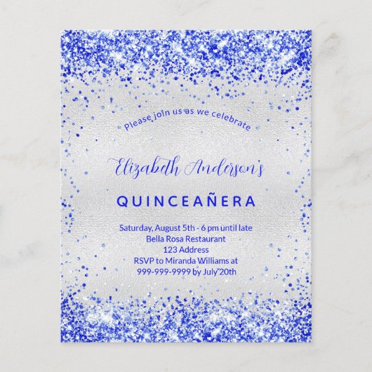 Quinceanera Silroyal blauwe budgetuitnodiging Flyer (Voorkant)