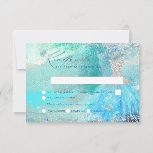 Quinceanera Silver Aqua Glitter Gown RSVP-kaart Kaart (Achterkant)