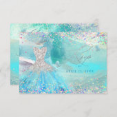 Quinceanera Silver Aqua Glitter Gown RSVP-kaart Kaart (Voorkant / Achterkant)