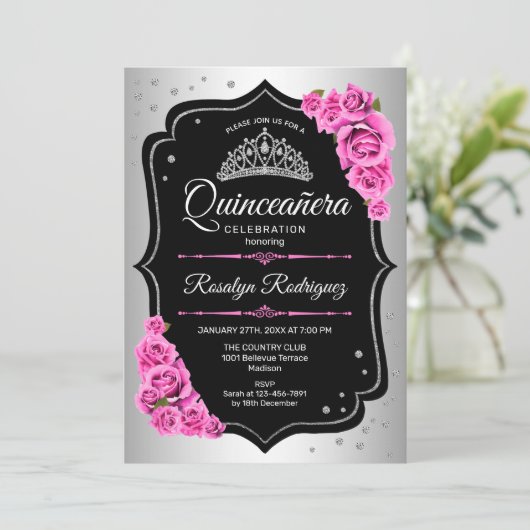Quinceanera - Silver Black Pink Kaart (Staand voorkant)