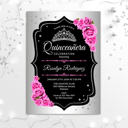 Quinceanera - Silver Black Pink Kaart