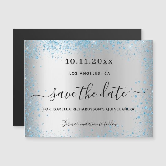 Quinceanera Silver Blauw, behalve de datum-magneet (Voorkant / Achterkant)