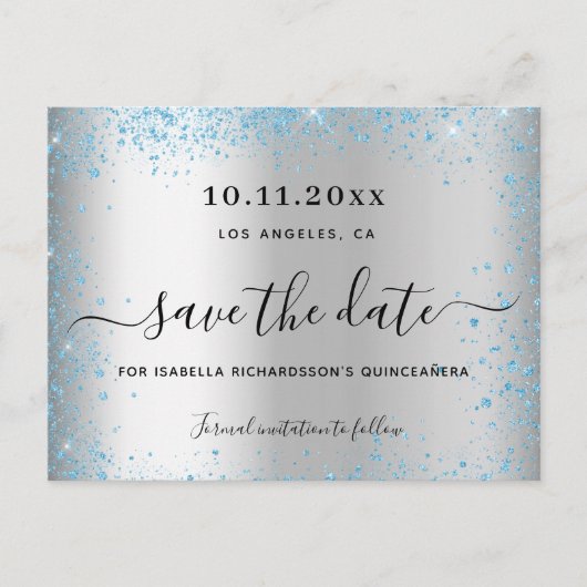 Quinceanera Silver Blauwe sparken redden de datum Aankondigingskaart (Voorkant)