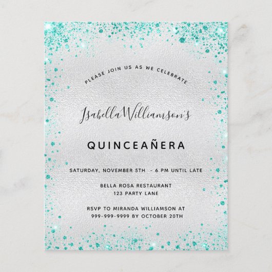 Quinceanera Silver blauwgroen glitter-begrotingsui Flyer (Voorkant)