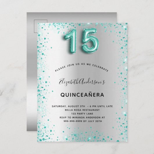 Quinceanera Silver blauwgroen glitter Dopter Briefkaart (Voorkant / Achterkant)