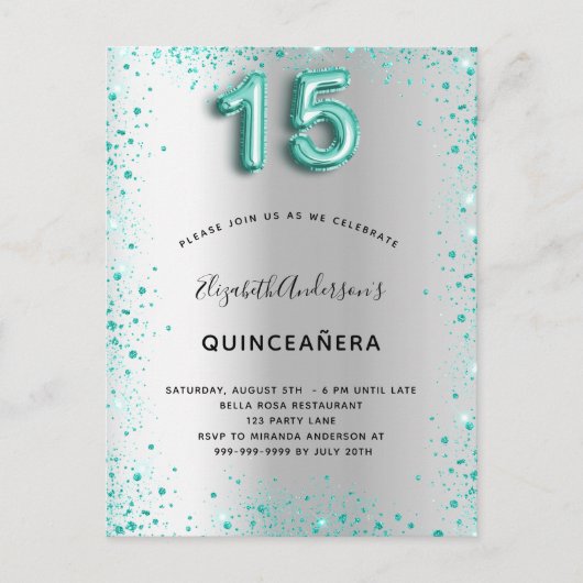 Quinceanera Silver blauwgroen glitter Dopter Briefkaart (Voorkant)