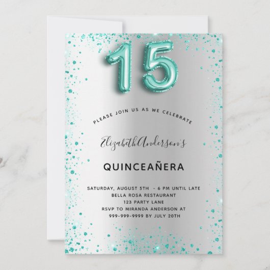 Quinceanera Silver blauwgroen glitterglamoureus Kaart (Voorkant)