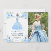 Quinceanera Silver Blue Floral Gown Foto Save The Date (Voorkant)