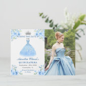 Quinceanera Silver Blue Floral Gown Foto Save The Date (Staand voorkant)