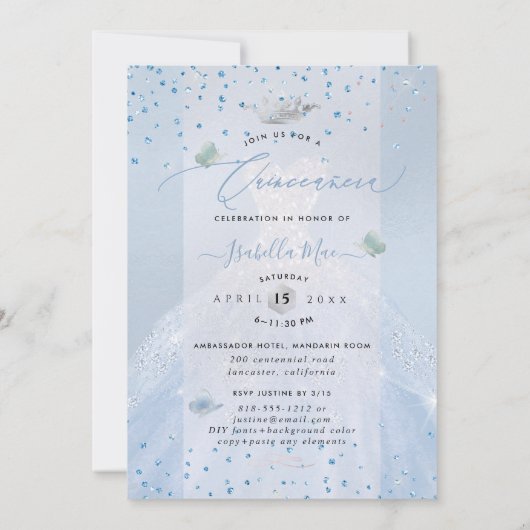 Quinceanera Silver Blue Glitter Kaart (Achterkant)