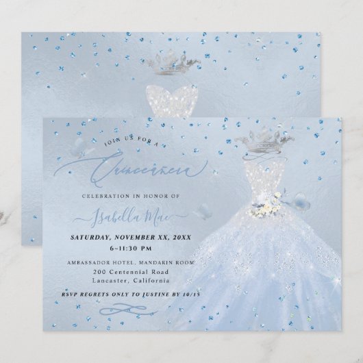 Quinceanera Silver Blue Quinceanera Dress Kaart (Voorkant / Achterkant)