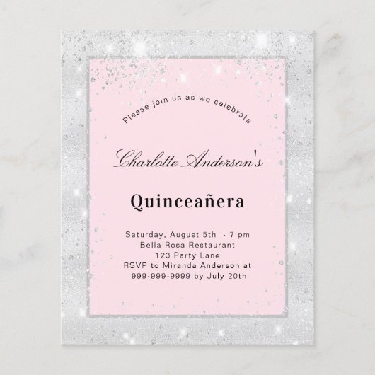 Quinceanera Silver blush roze glitter budgetter Flyer (Voorkant)
