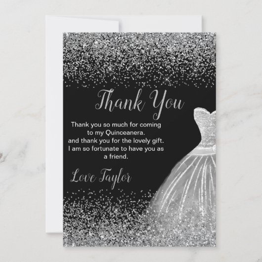 Quinceanera Silver Dress Faux Glitter Bedankkaart (Voorkant)