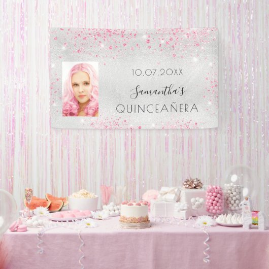 Quinceanera Silver Foto paars glitter monogram Spandoek (Feest)