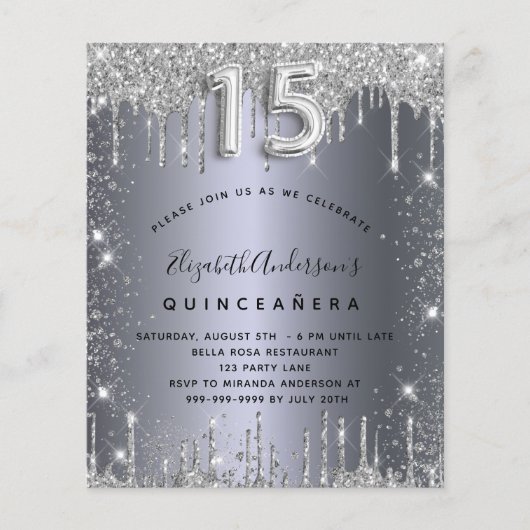 Quinceanera Silver Glitter-budgetuitnodiging Flyer (Voorkant)