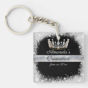 Quinceanera Silver Glitter Diamond Princess Crown Sleutelhanger