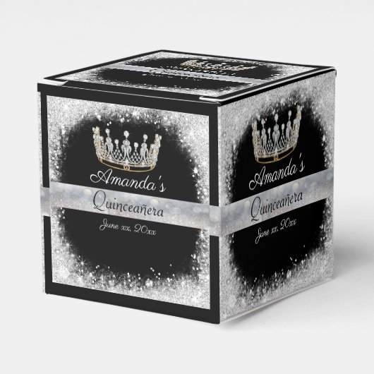 Quinceanera Silver Glitter Gold Crown Favor Box Bedankdoosjes (Voorkant Zijde)