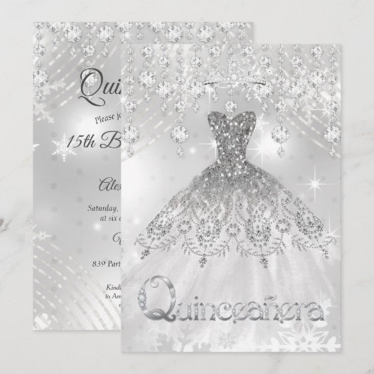 Quinceanera Silver Glitter Gown Birthday Party Kaart (Voorkant / Achterkant)
