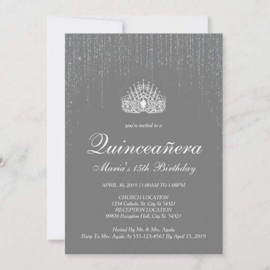 Quinceanera, Silver Glitter Invitations Kaart (Voorkant)