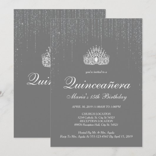 Quinceanera, Silver Glitter Invitations Kaart (Voorkant / Achterkant)