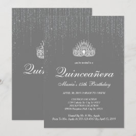 Quinceanera, Silver Glitter Invitations Kaart