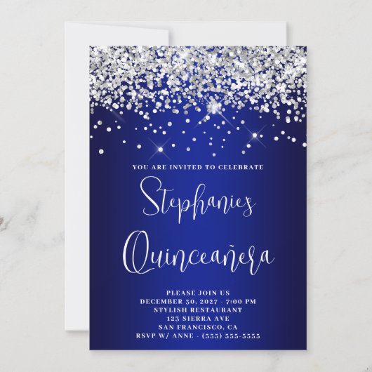 Quinceañera Silver Glitter Royal Blue Navy Ombre Kaart (Voorkant)