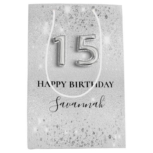 Quinceanera Silver Glitter sparren Medium Cadeauzakje (Voorkant)