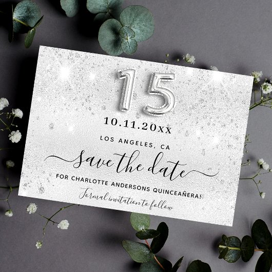 Quinceanera Silver Glitter sparren Save The Date
