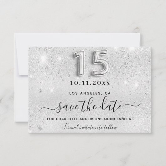 Quinceanera Silver Glitter sparren Save The Date (Voorkant)