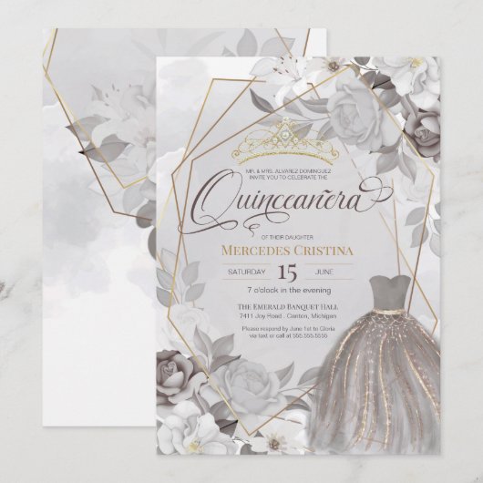 Quinceañera Silver Goud fancy Tiara & Gwn Kaart (Voorkant / Achterkant)