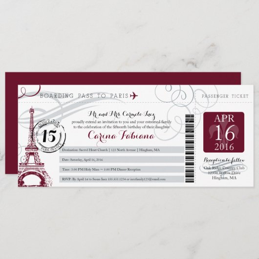 Quinceanera Silver Grey en Bourgogne | Parijs Kaart (Voorkant / Achterkant)