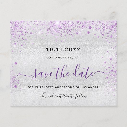 Quinceanera Silver paars budget behalve de datum Flyer (Voorkant)