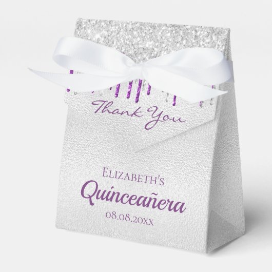 Quinceanera Silver paarse glitter drip bedankt Bedankdoosjes (Voorkant Zijde)