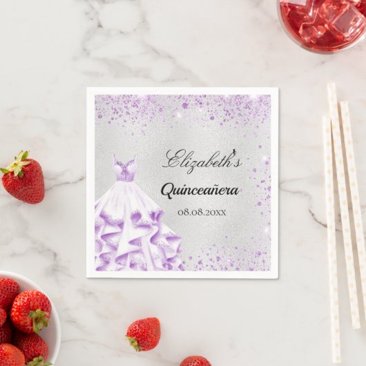 Quinceanera Silver paarse glitter Servet (Insitu)
