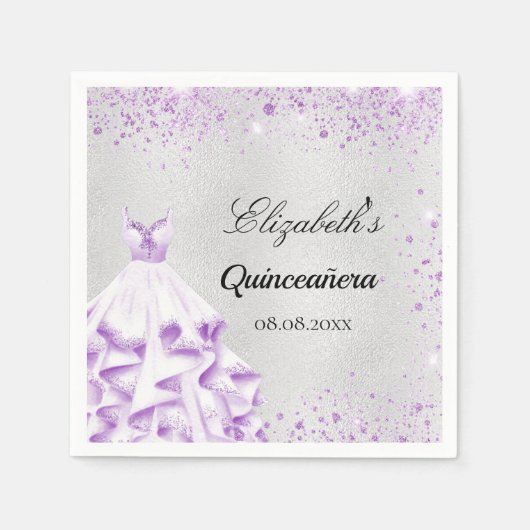 Quinceanera Silver paarse glitter Servet (Voorkant)