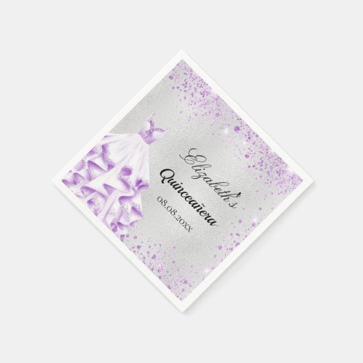 Quinceanera Silver paarse glitter Servet (Hoek)
