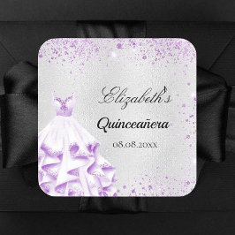 Quinceanera Silver paarse glitter Vierkante Sticker