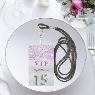 Quinceanera Silver paarse glitter VIP-uitnodiging Badge