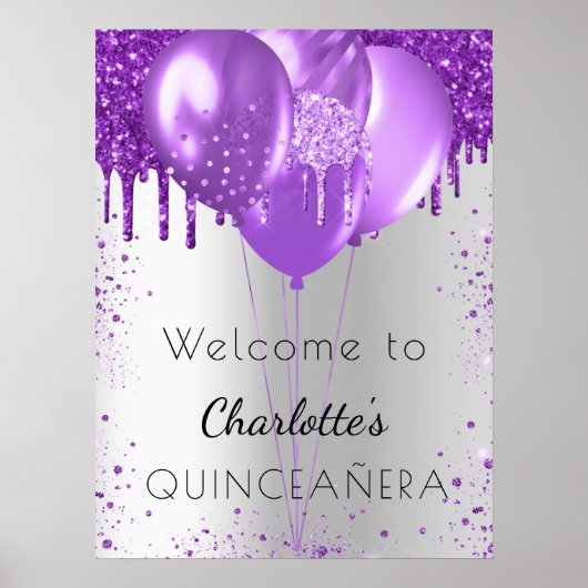 Quinceanera Silver paarse glitter welkomstballonne Poster (Voorkant)