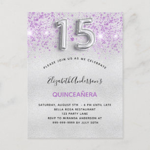 Quinceanera Silver paarse glitterdruppels Uitnodiging Briefkaart