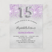 Quinceanera Silver paarse glitterdruppels Uitnodiging Briefkaart (Voorkant)