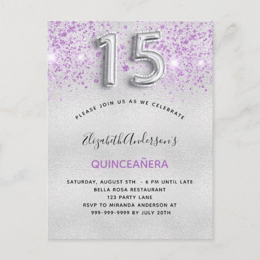 Quinceanera Silver paarse glitterdruppels Uitnodiging Briefkaart (Voorkant)