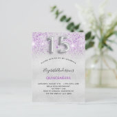 Quinceanera Silver paarse glitterdruppels Uitnodiging Briefkaart (Staand voorkant)