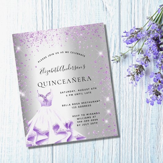 Quinceanera Silver paarse kledinguitnodiging Flyer
